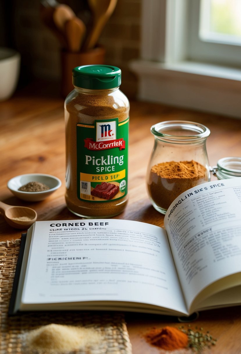 A jar of McCormick's Pickling Spice sits on a wooden kitchen counter next to a recipe book open to a page for corned beef. Ingredients and spices are scattered around