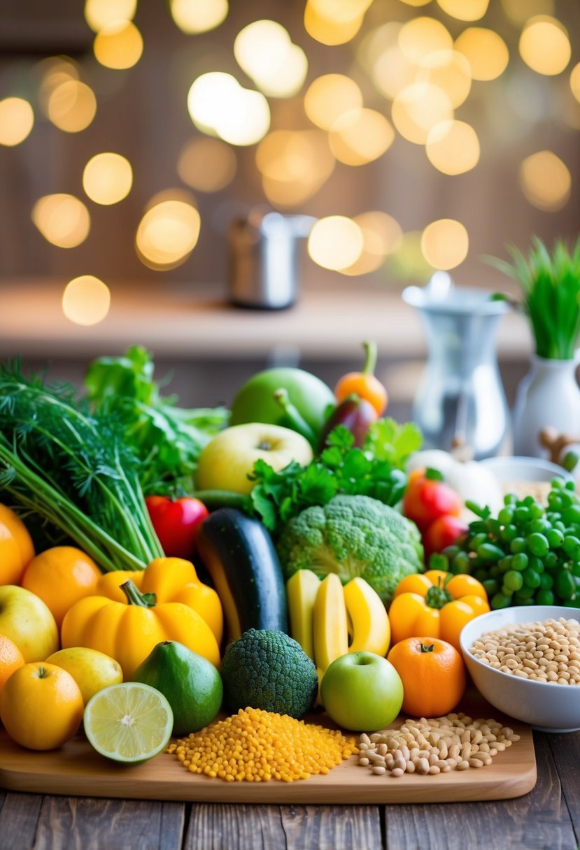 A colorful array of fresh fruits, vegetables, grains, and legumes arranged on a wooden cutting board