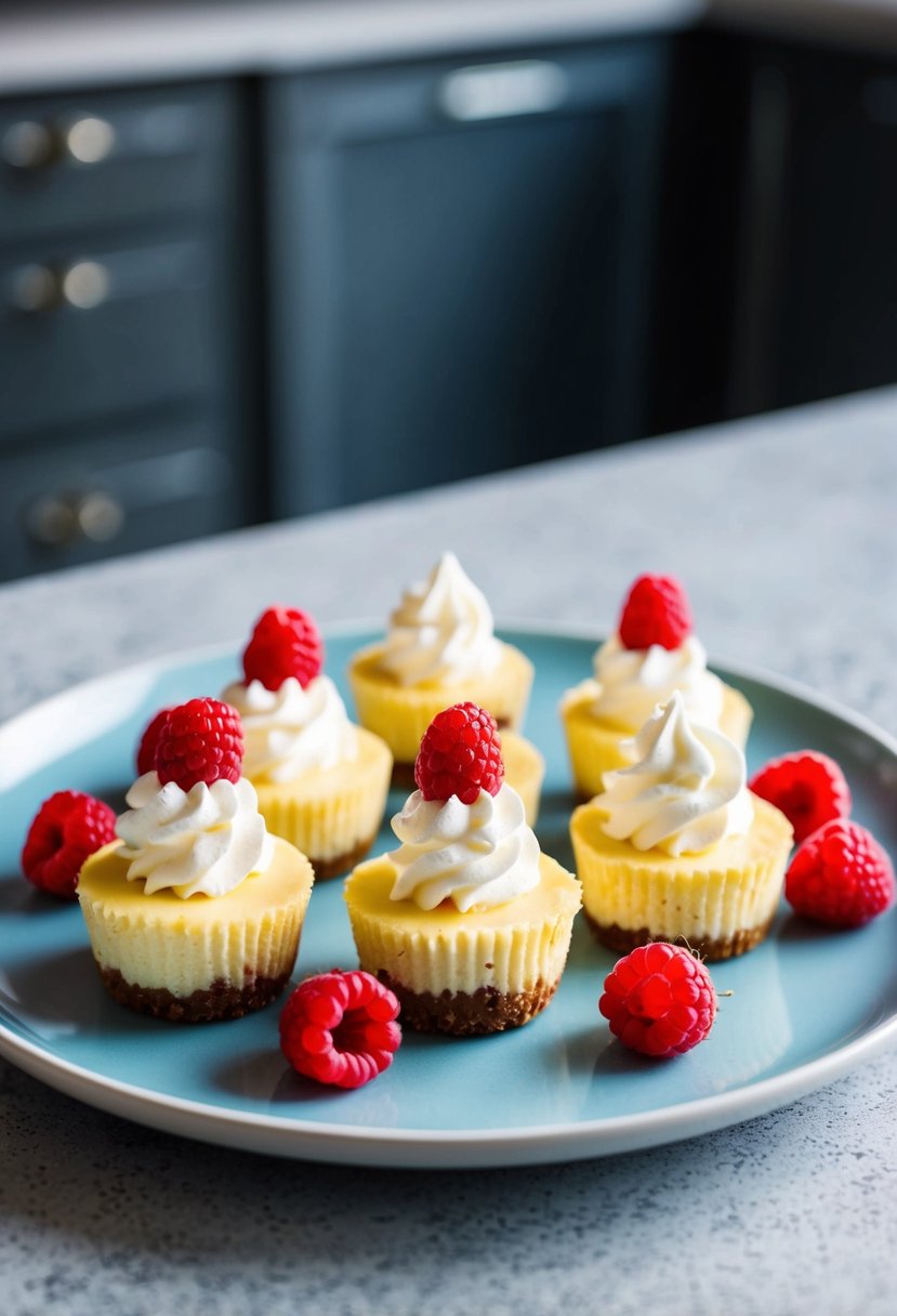 A plate of Keto Raspberry Cheesecake Bites arranged with fresh raspberries and a dollop of whipped cream on top