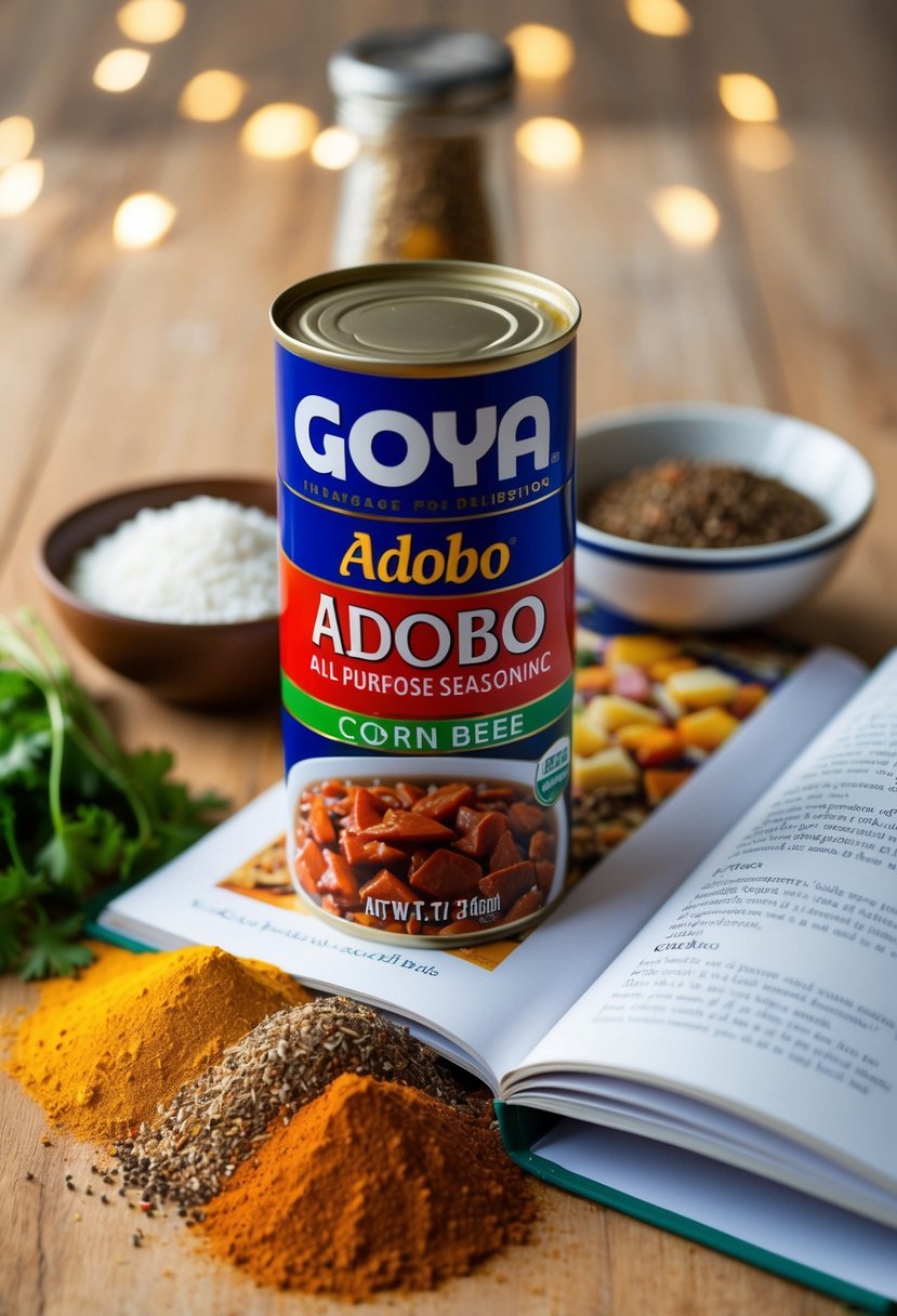 A can of Goya Adobo All-Purpose Seasoning sits next to a pile of spices and a recipe book open to a page on corn beef