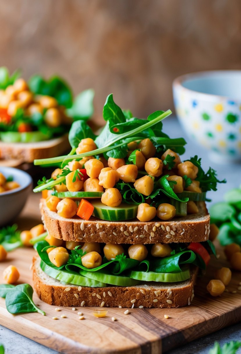 A colorful array of fresh chickpeas, crunchy vegetables, and vibrant greens piled high on a hearty whole grain bread, ready to be transformed into a delicious plant-based chickpea salad sandwich