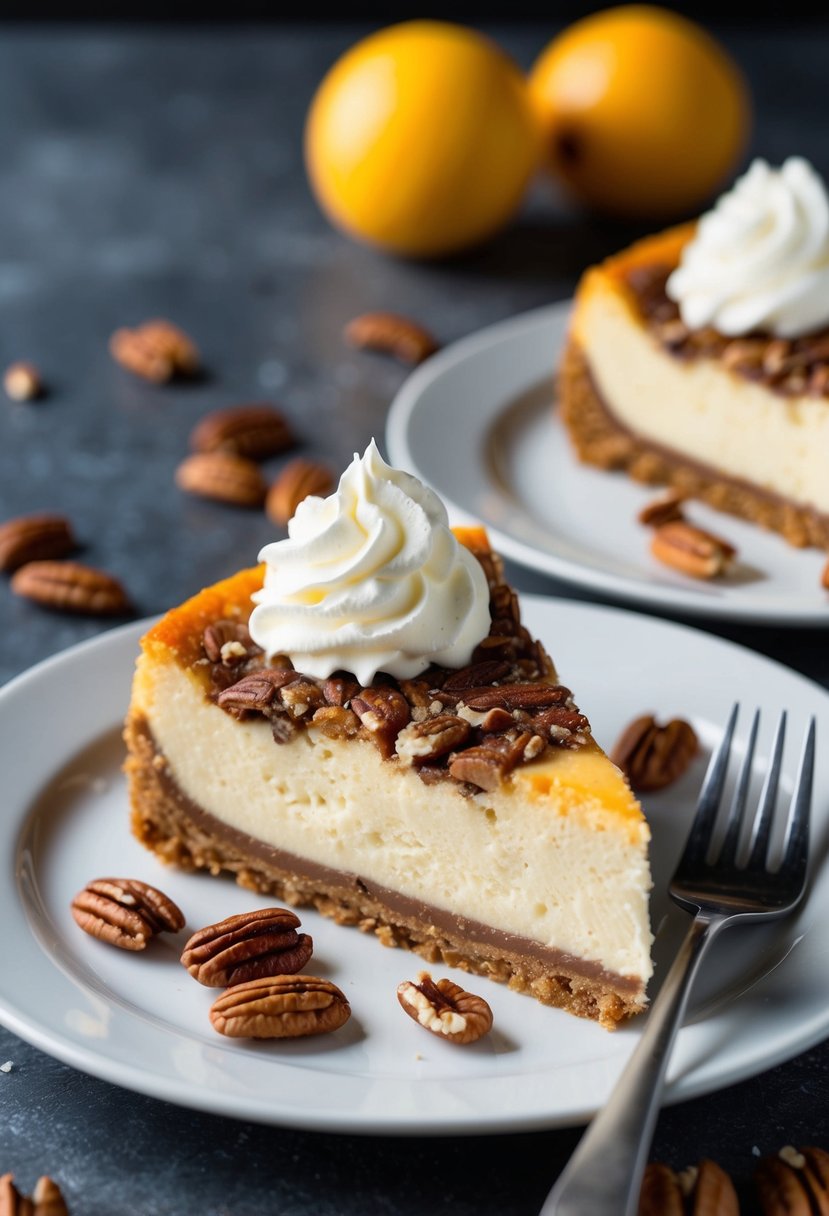 A slice of pecan cheesecake sits on a plate, surrounded by scattered pecans and a dollop of whipped cream, with a fork resting beside it