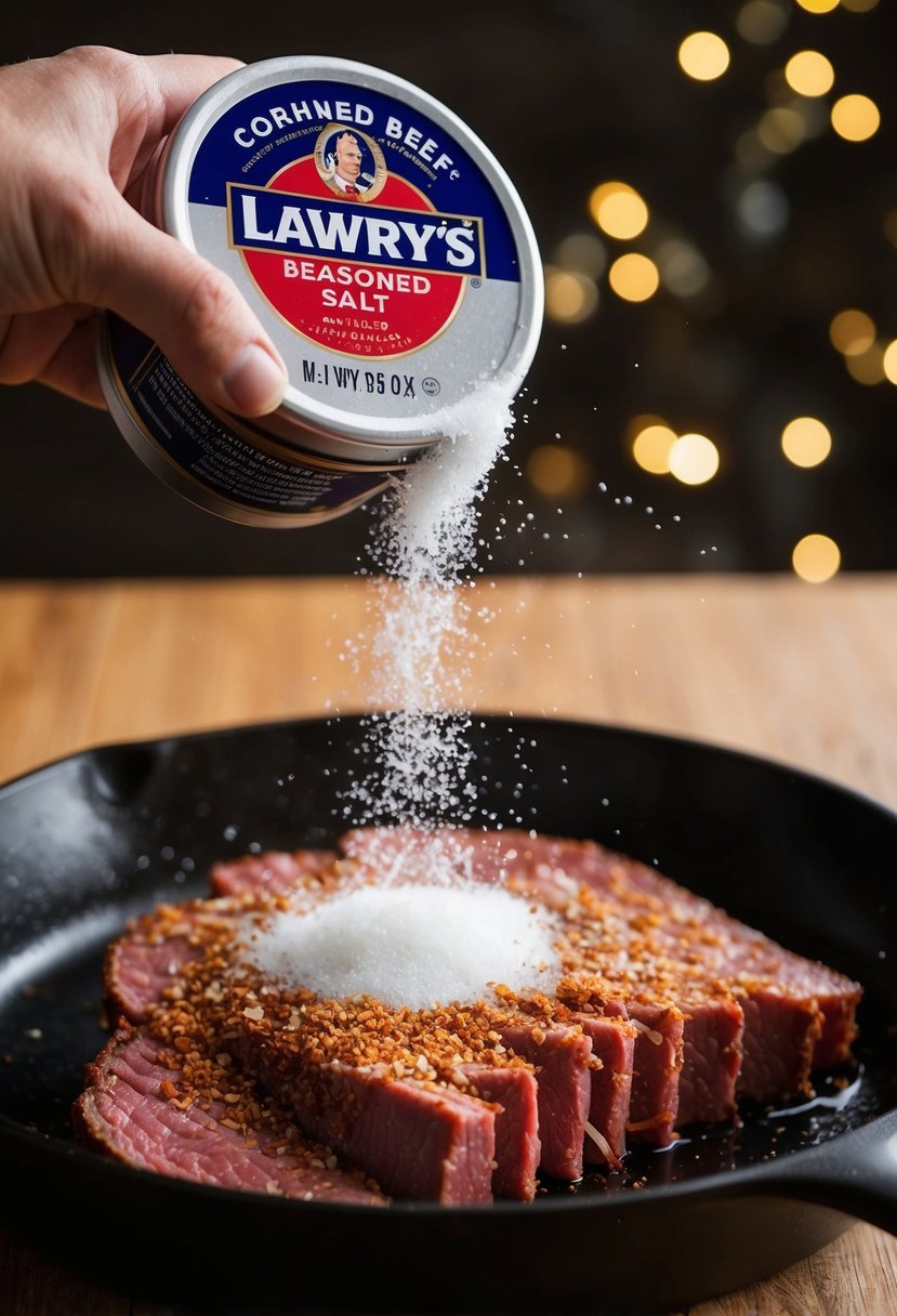 A sprinkle of Lawry's Seasoned Salt over sizzling corned beef in a skillet