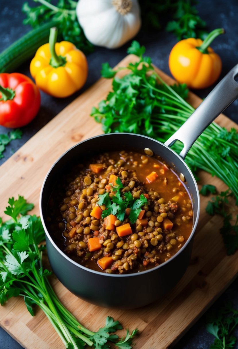 A pot simmering with lentil Bolognese sauce, surrounded by fresh vegetables and herbs on a wooden cutting board