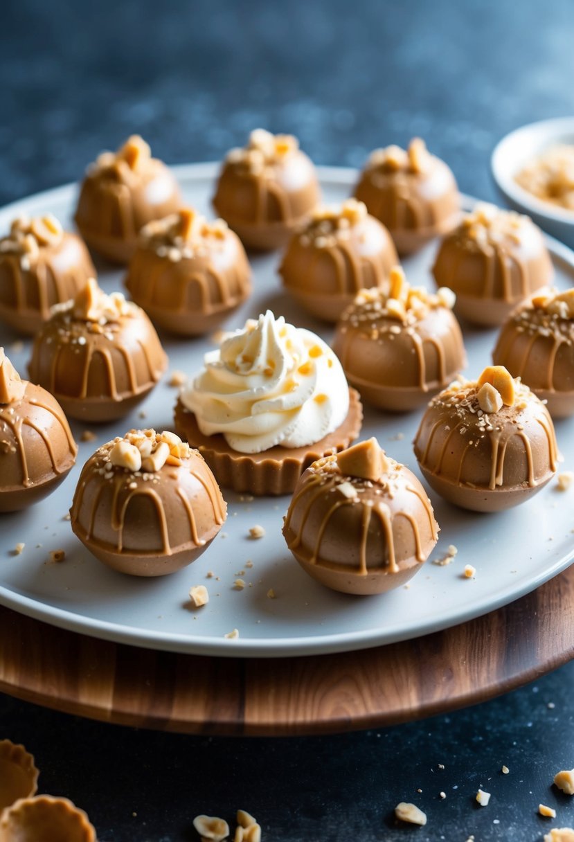 A plate of keto peanut butter cream cheese fat bombs arranged on a serving platter, with a dollop of whipped cream and a sprinkle of crushed nuts on top