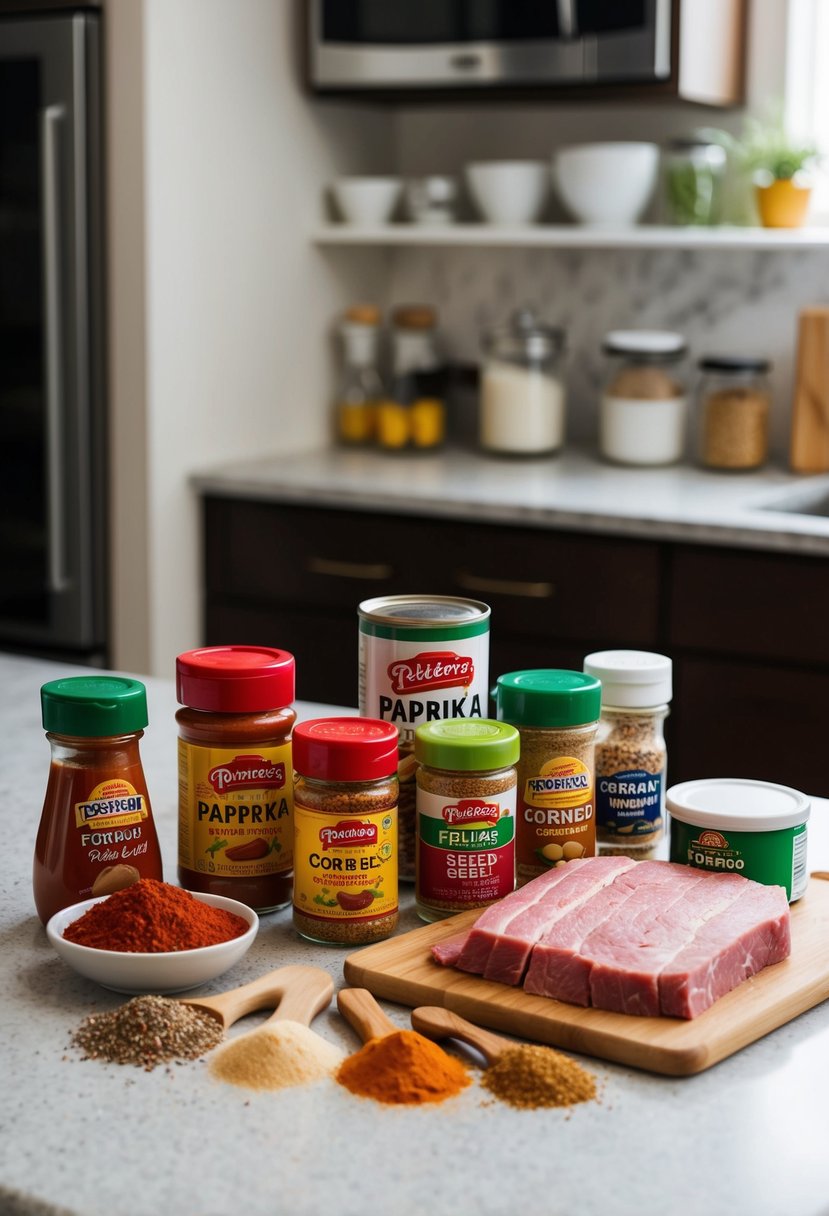 A colorful array of paprika, corned beef, and various spices arranged on a kitchen counter for a recipe