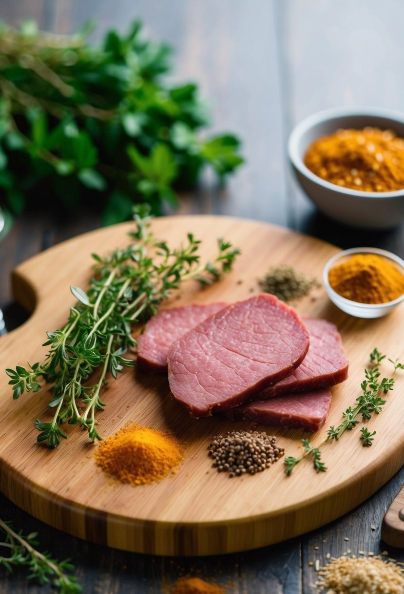 A wooden cutting board with thyme, corned beef, and various spices scattered around