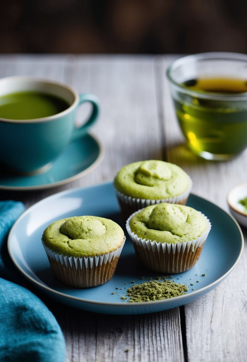 A table set with keto matcha cream cheese muffins, with a cup of matcha tea on the side