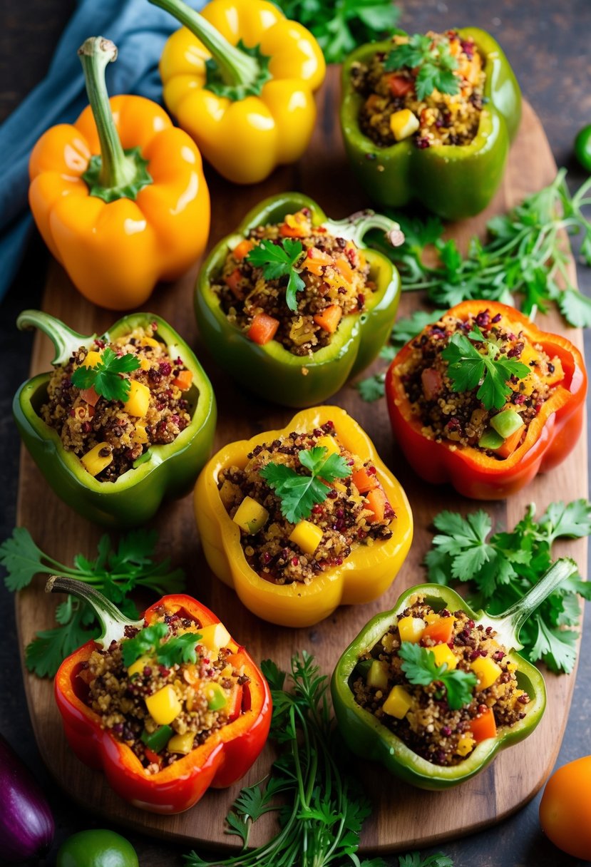 A colorful array of quinoa stuffed peppers surrounded by fresh herbs and vibrant vegetables on a wooden cutting board