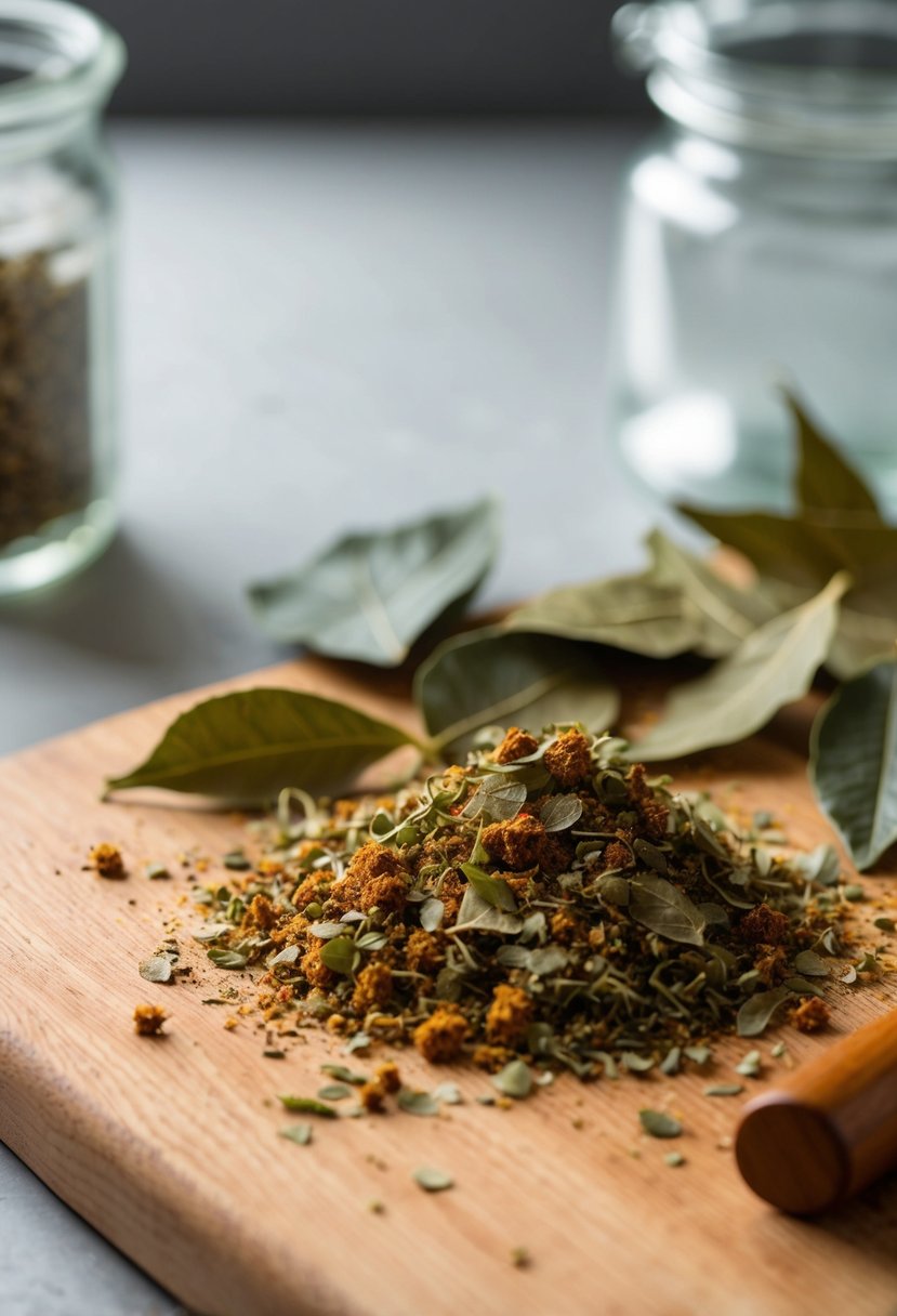 Crushed bay leaves and corned beef spices scattered on a wooden cutting board