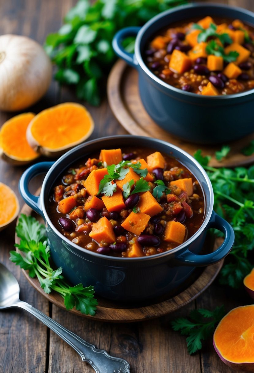 A bubbling pot of sweet potato black bean chili surrounded by fresh vegetables and herbs on a rustic wooden table