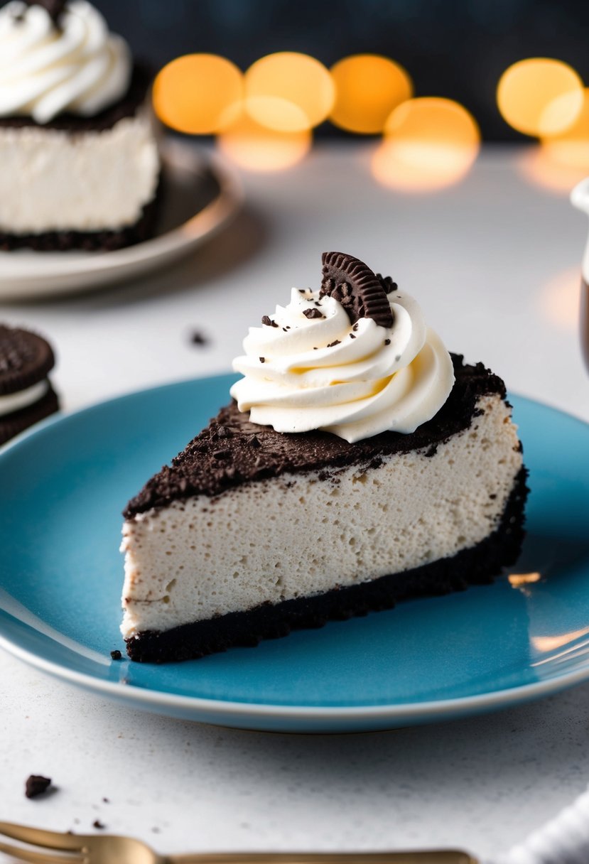 A decadent slice of keto Oreo cheesecake sits on a plate, topped with a dollop of whipped cream and a sprinkle of crushed sugar-free Oreo cookies