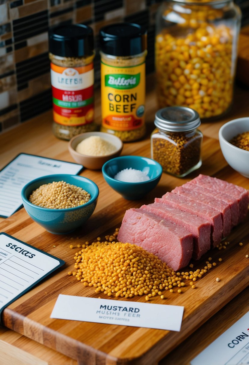 Mustard seeds and corn beef surrounded by various spices and recipe cards on a wooden kitchen counter