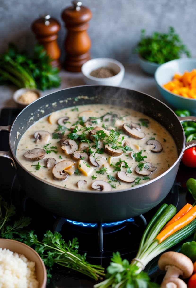 A bubbling pot of creamy mushroom stroganoff simmering on a stovetop, surrounded by fresh herbs, spices, and a variety of colorful vegetables