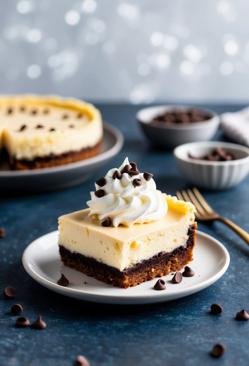 A slice of keto chocolate chip cheesecake bar on a plate with a dollop of whipped cream and a sprinkling of chocolate chips on top