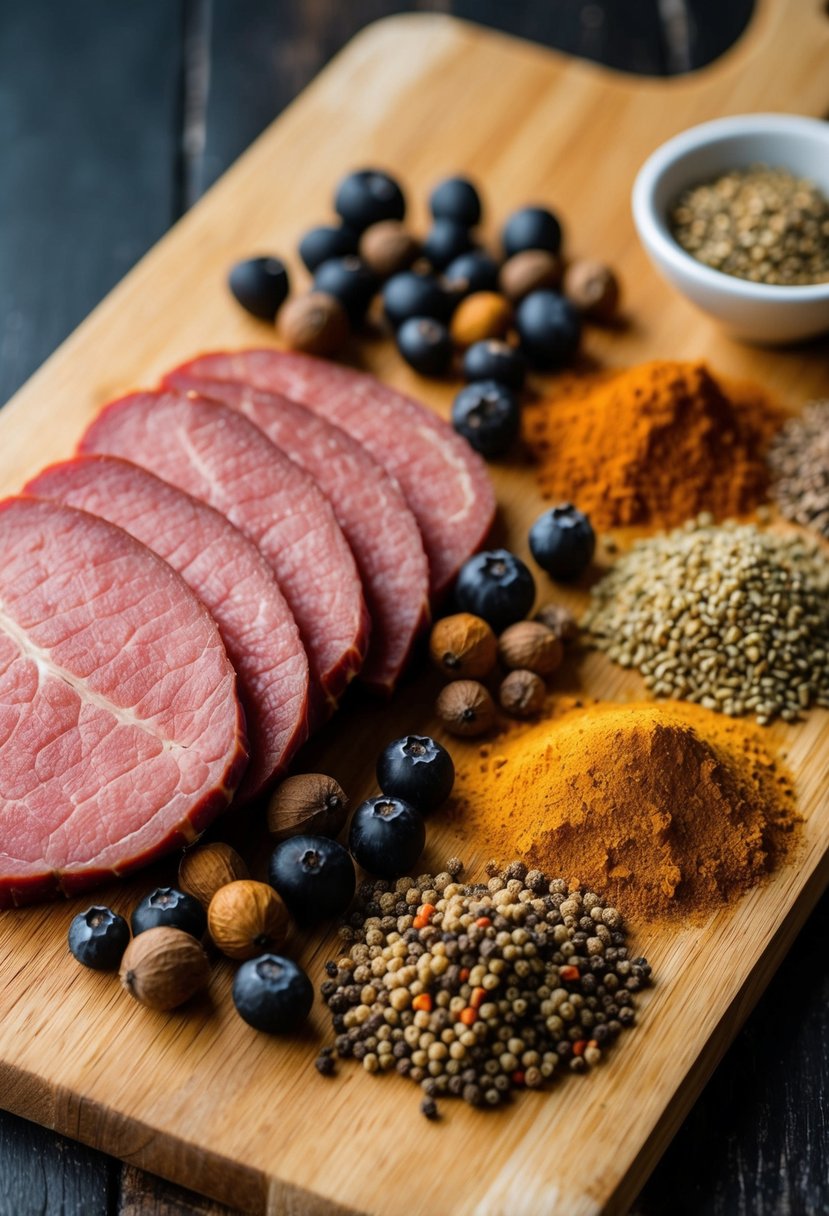 Allspice berries, corned beef, and various spices arranged on a wooden cutting board