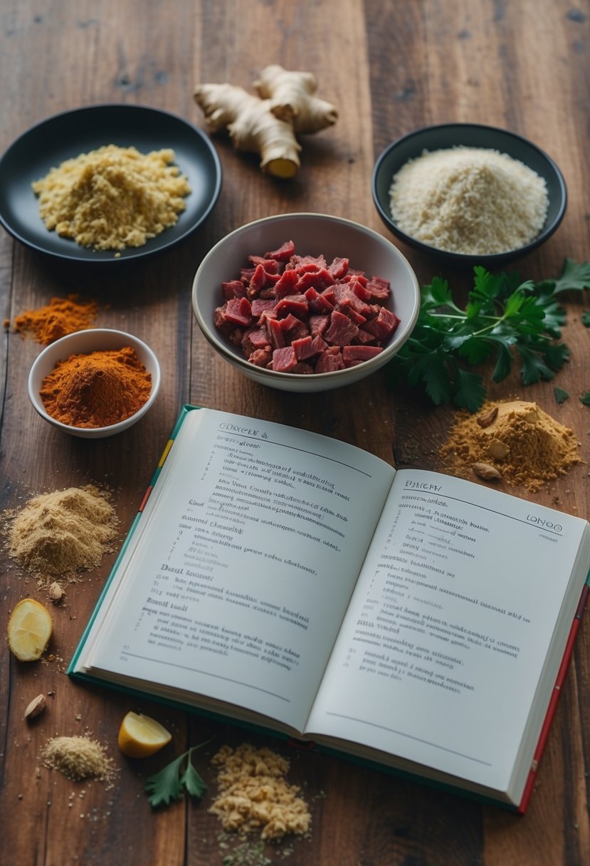 A wooden table with scattered ground ginger, corned beef, and various spices. A cookbook lies open with recipes for corned beef