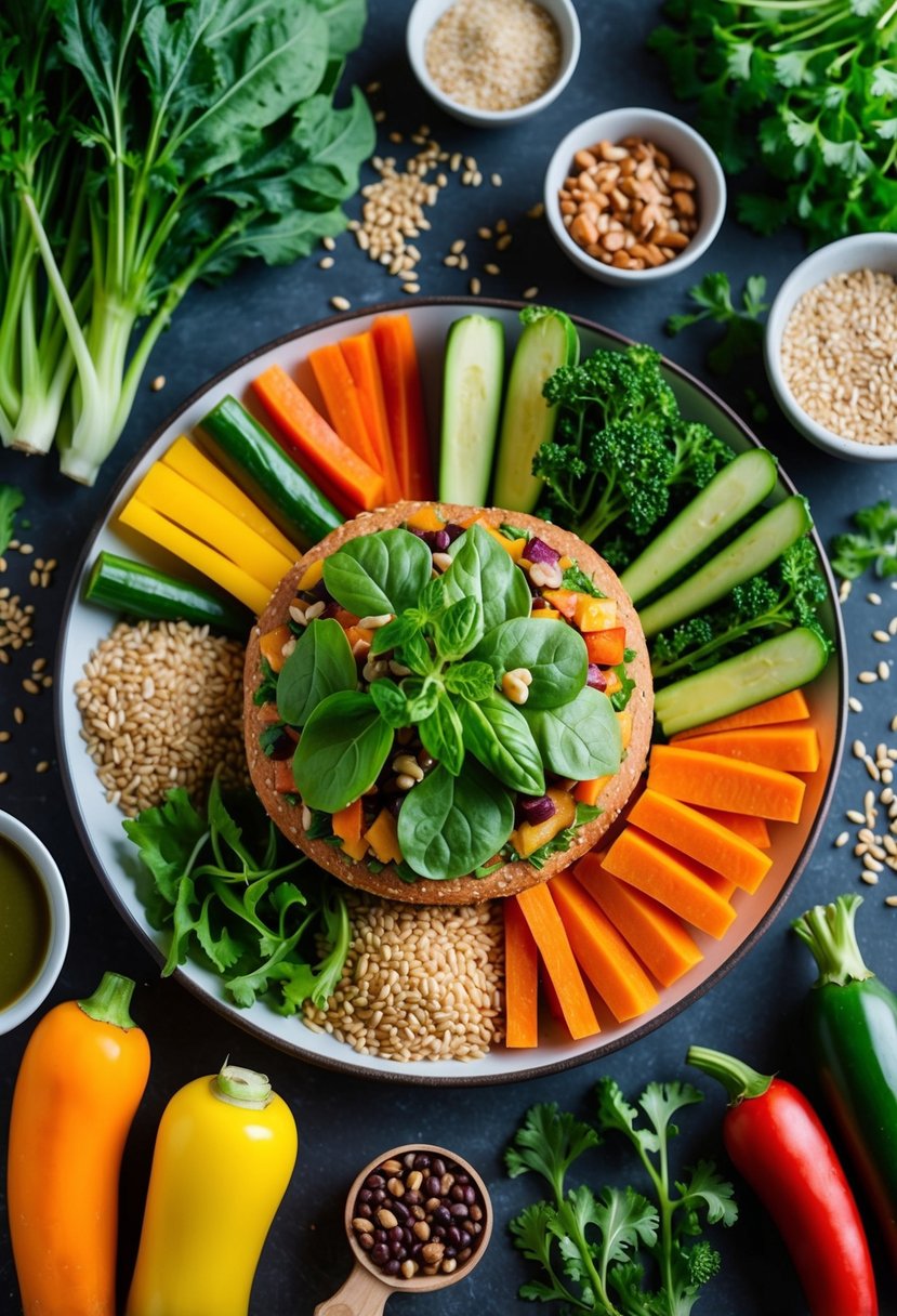 A colorful array of whole grains and fresh vegetables arranged around a plant-based veggie burger, with vibrant greens and earthy browns