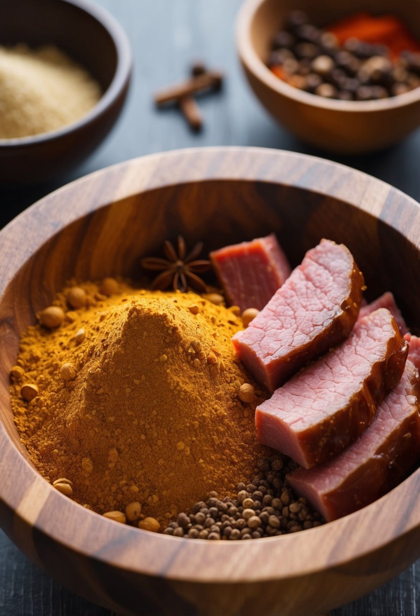 A wooden bowl filled with clove powder, corned beef, and various spices