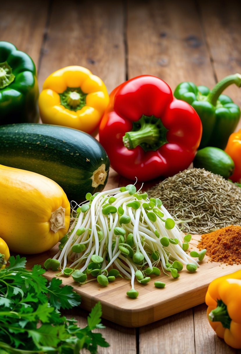 A colorful array of fresh vegetables, including spaghetti squash, bean sprouts, and bell peppers, arranged on a wooden cutting board next to a pile of aromatic herbs and spices