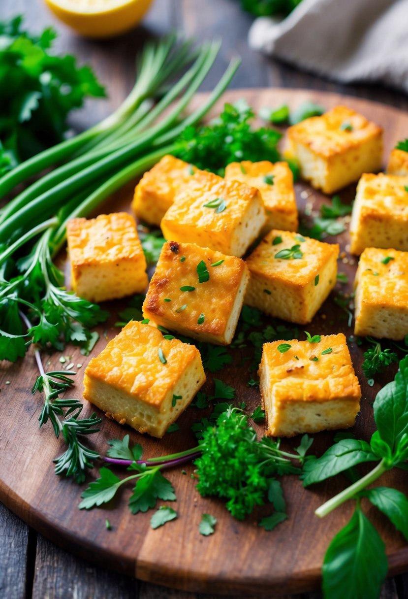 Golden nuggets of crispy baked tofu surrounded by fresh herbs and colorful vegetables on a rustic wooden cutting board