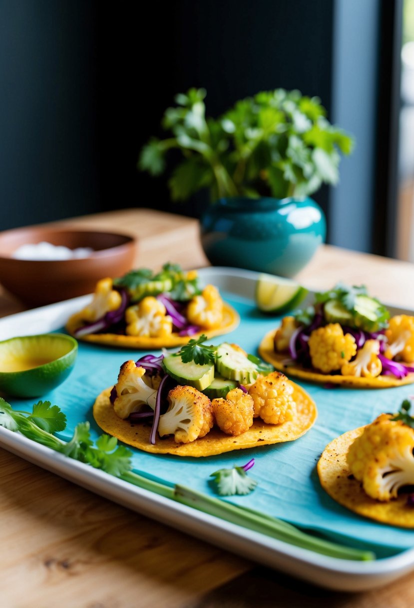 A table set with colorful roasted cauliflower tacos and fresh plant-based ingredients