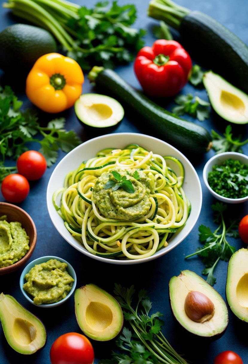 A colorful array of zucchini noodles and avocado pesto, surrounded by fresh herbs and vibrant vegetables, creating a beautiful and appetizing plant-based dish