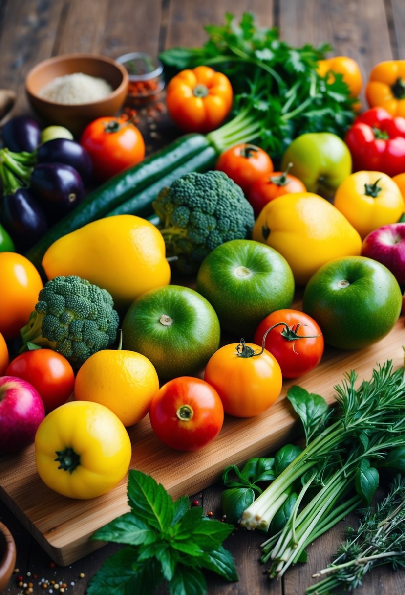 A colorful array of fresh fruits and vegetables arranged on a wooden cutting board. Herbs and spices scattered around