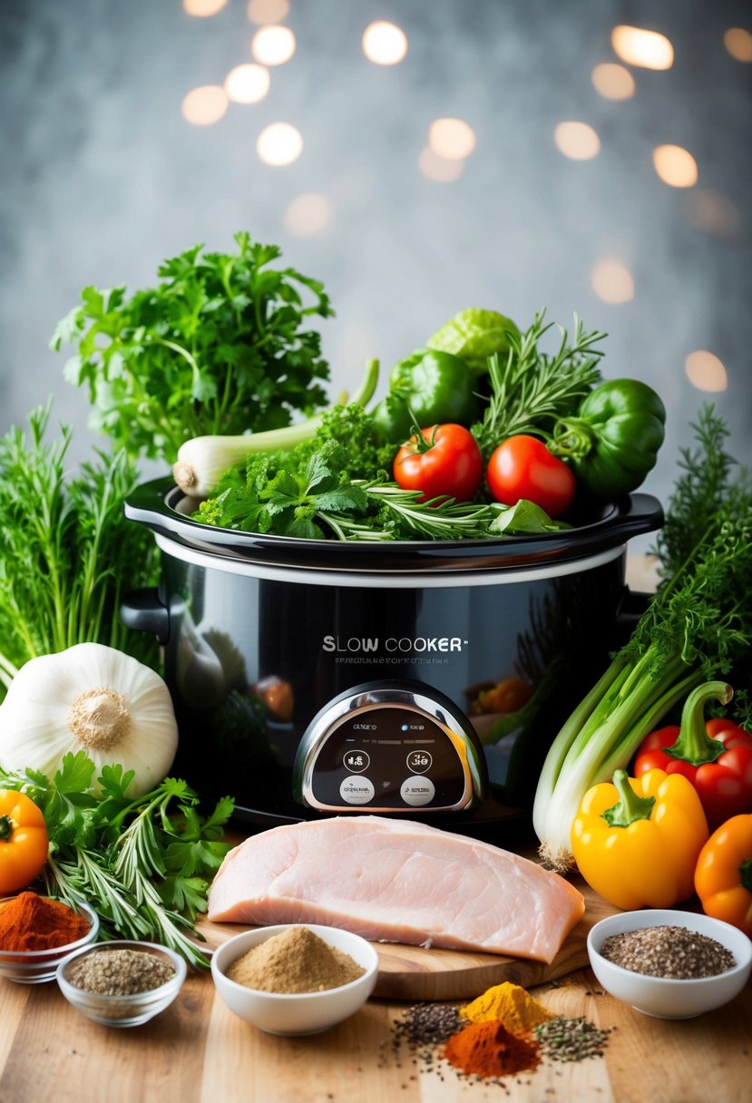 Fresh herbs, vegetables, and lean protein arranged around a slow cooker. A variety of spices and seasonings are scattered nearby