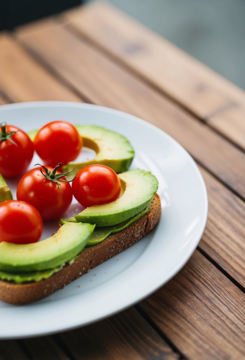 A plate of avocado toast topped with cherry tomatoes on a wooden table