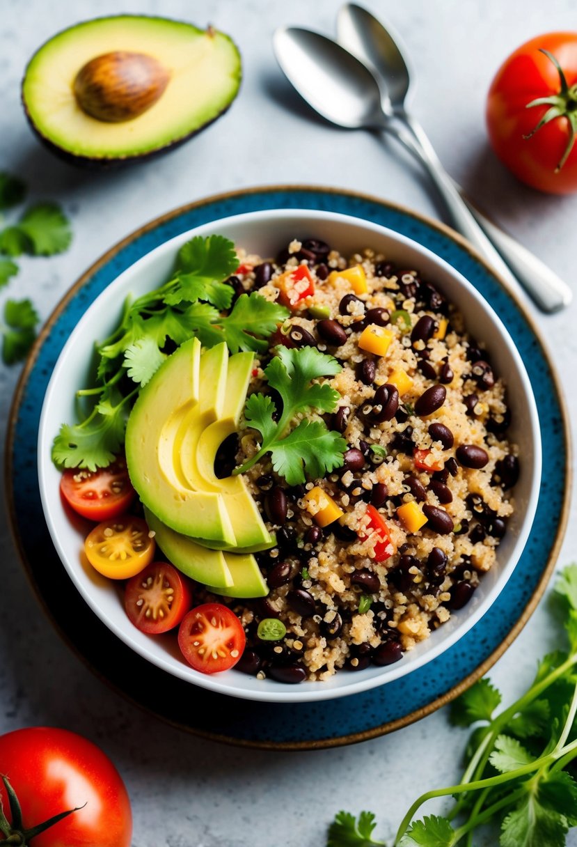 A colorful bowl of quinoa and black bean salad surrounded by fresh ingredients like tomatoes, cilantro, and avocado