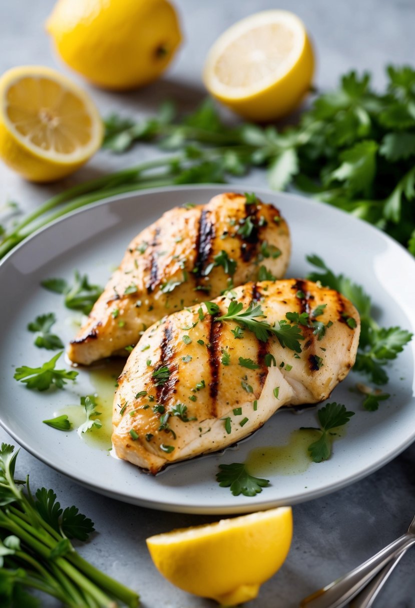 A plate of lemon herb grilled chicken surrounded by fresh ingredients