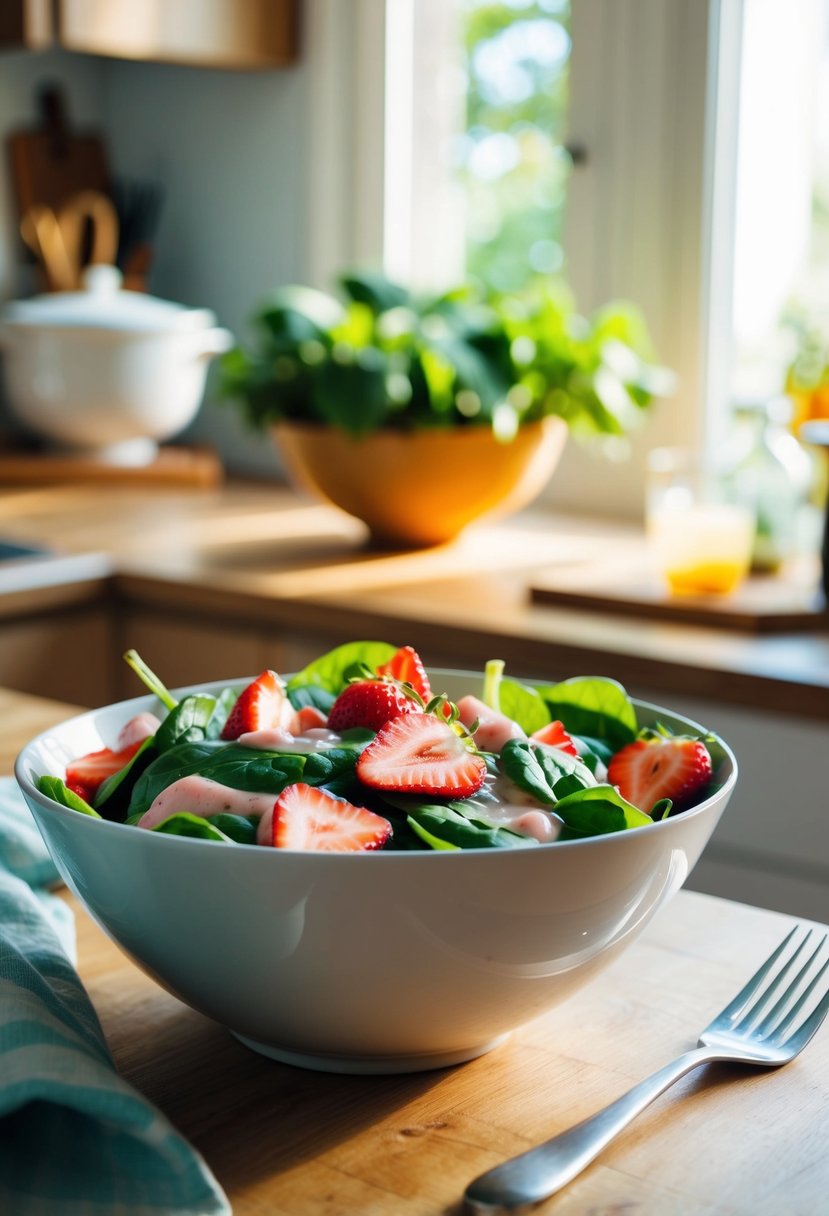 A vibrant bowl of spinach and strawberry salad, with fresh ingredients and a light vinaigrette dressing, sits on a wooden table in a sunlit kitchen