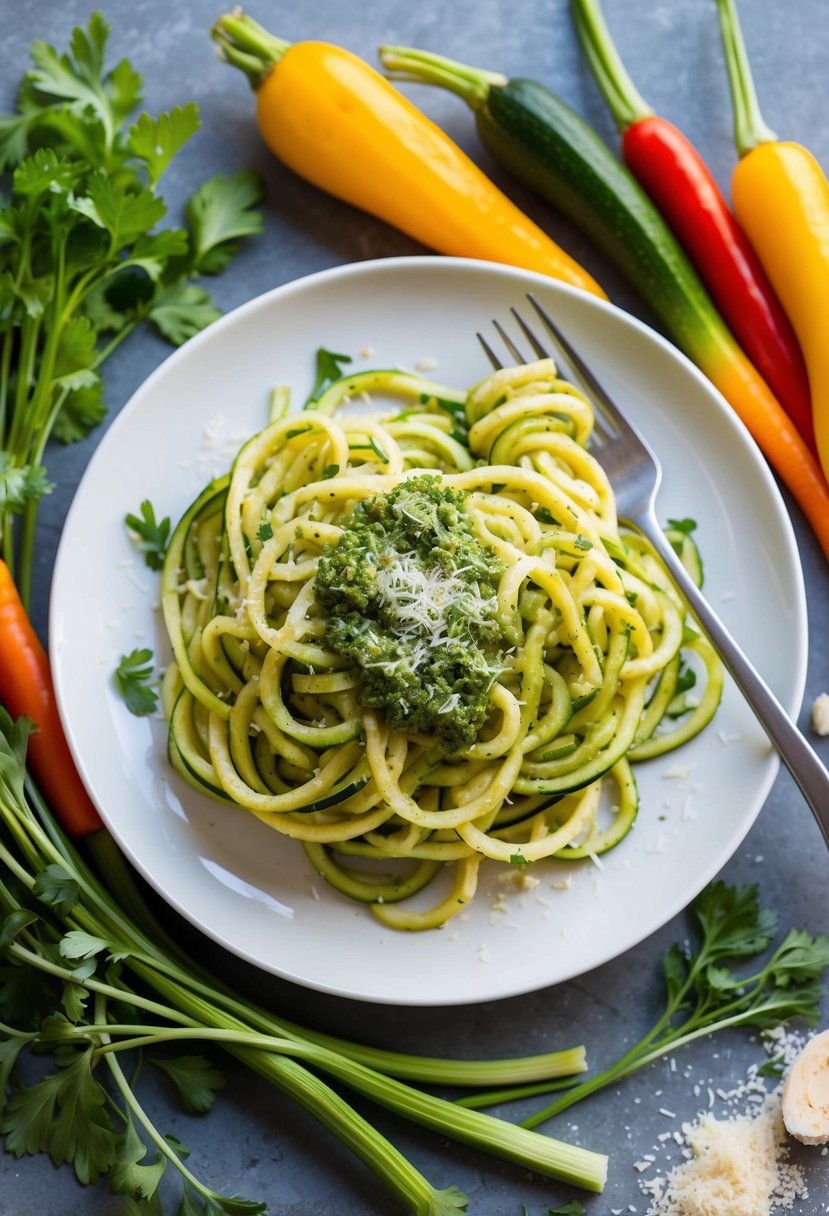 A plate of zucchini noodles topped with pesto sauce and fresh herbs, surrounded by colorful vegetables and a sprinkle of parmesan cheese