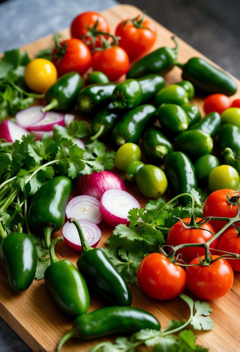 A colorful array of fresh jalapenos, tomatoes, onions, and cilantro arranged on a wooden cutting board, ready to be chopped for a spicy salad