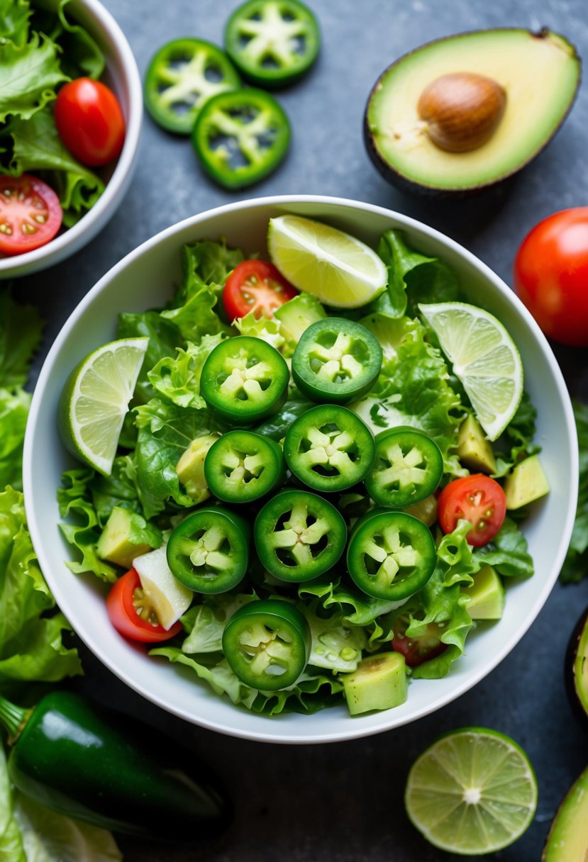 A vibrant bowl of zesty green salad with sliced jalapeños and lime wedges, surrounded by fresh ingredients like lettuce, avocado, and tomatoes