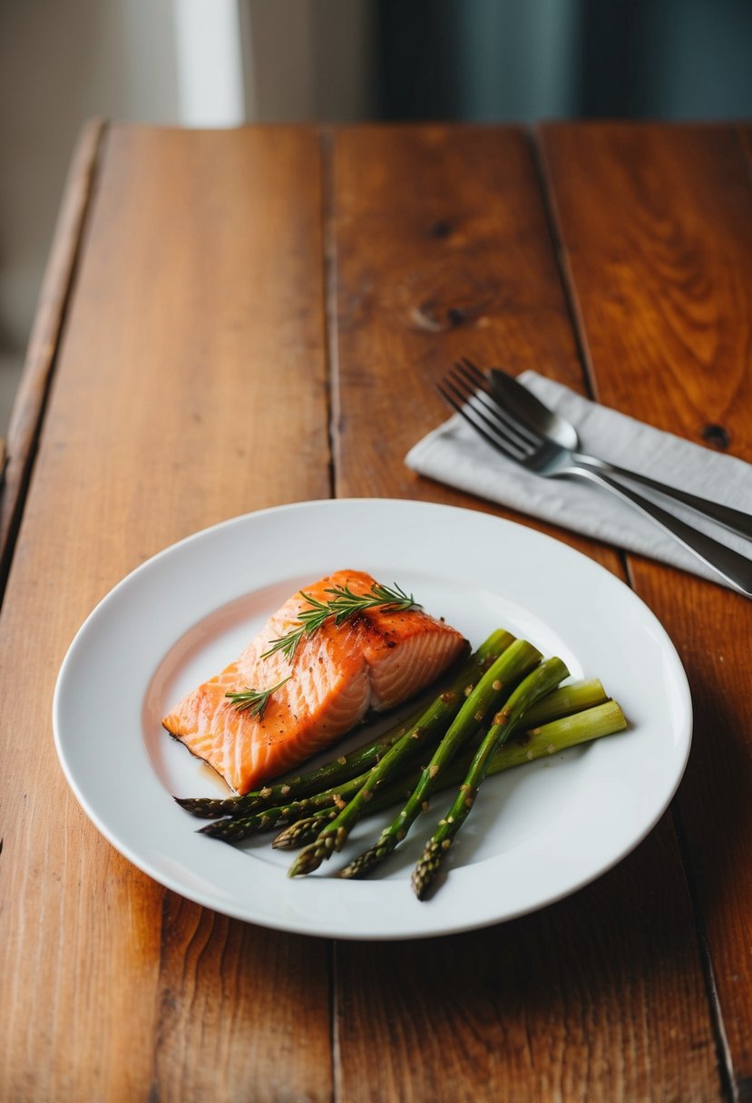 A plate of baked salmon and asparagus on a wooden table