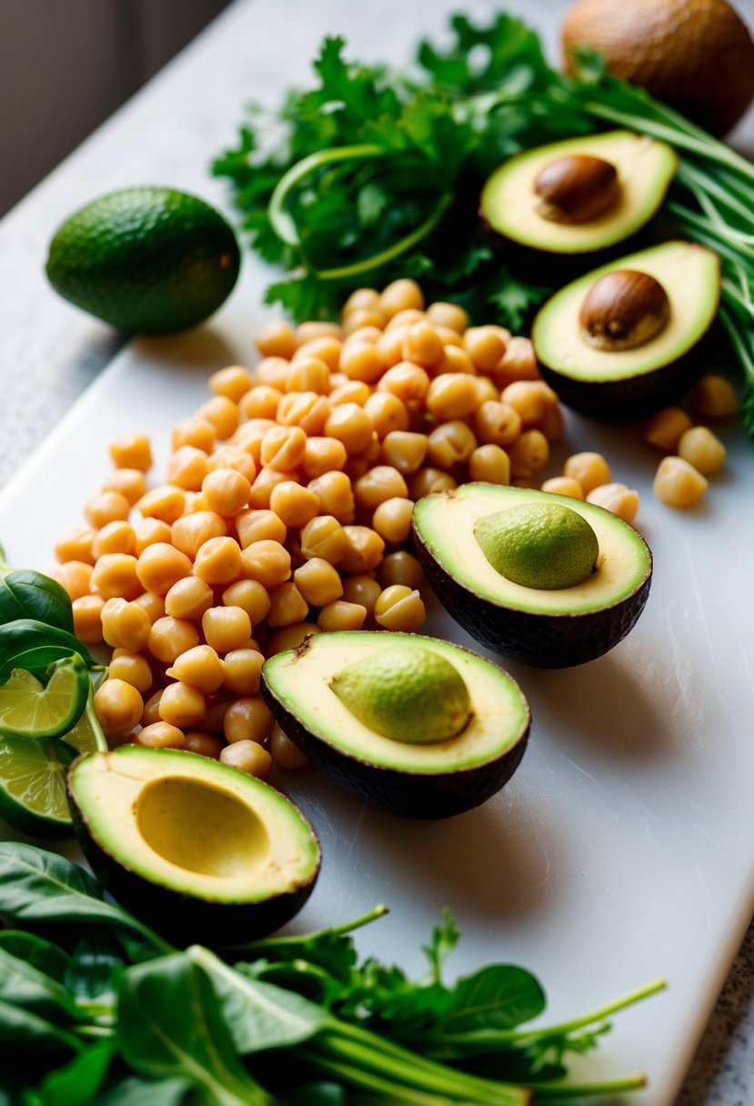 A colorful array of fresh chickpeas, ripe avocados, and vibrant greens arranged on a clean cutting board