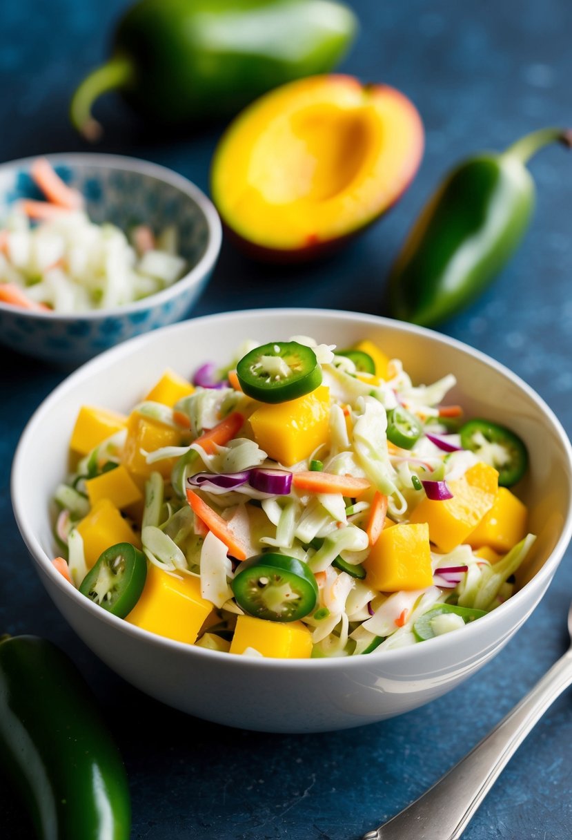 A bowl of mango jalapeño coleslaw with colorful ingredients and a spicy kick