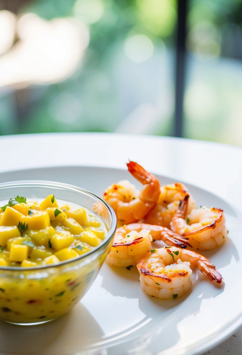 A bowl of vibrant mango salsa sits next to perfectly grilled shrimp on a clean, white plate. The colors pop against the background, evoking a sense of freshness and summertime