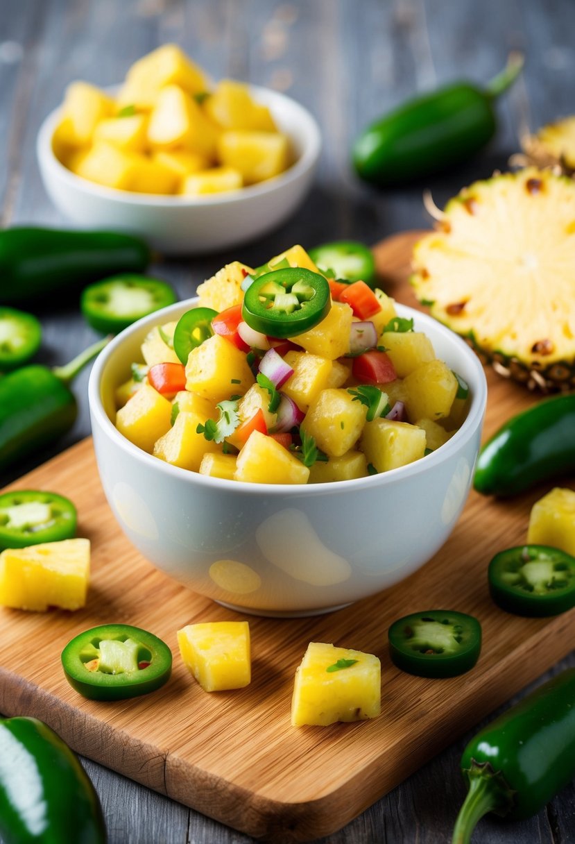 A bowl of vibrant pineapple jalapeño salsa surrounded by fresh jalapeños and pineapple chunks on a wooden cutting board