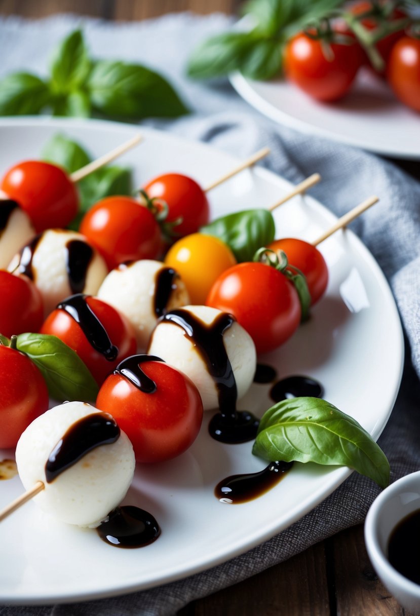 Fresh cherry tomatoes, mozzarella balls, and basil leaves skewered on wooden sticks, drizzled with balsamic glaze on a white serving platter