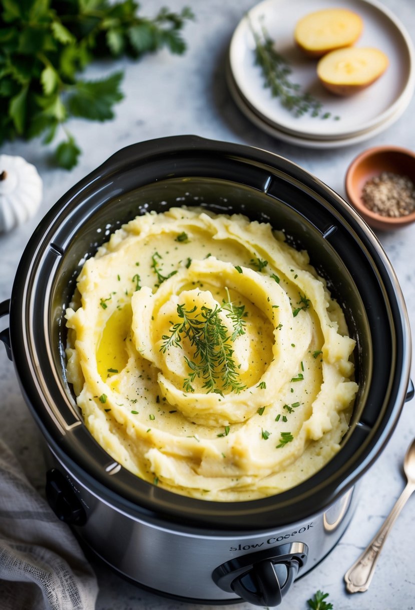 A slow cooker filled with creamy mashed potatoes infused with aromatic herbs