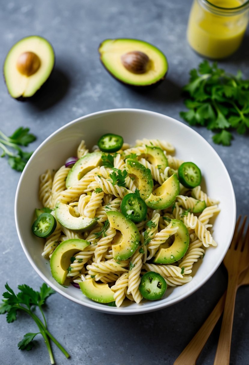 A bowl of pasta salad with sliced avocados and jalapeños, garnished with fresh herbs and drizzled with a zesty dressing