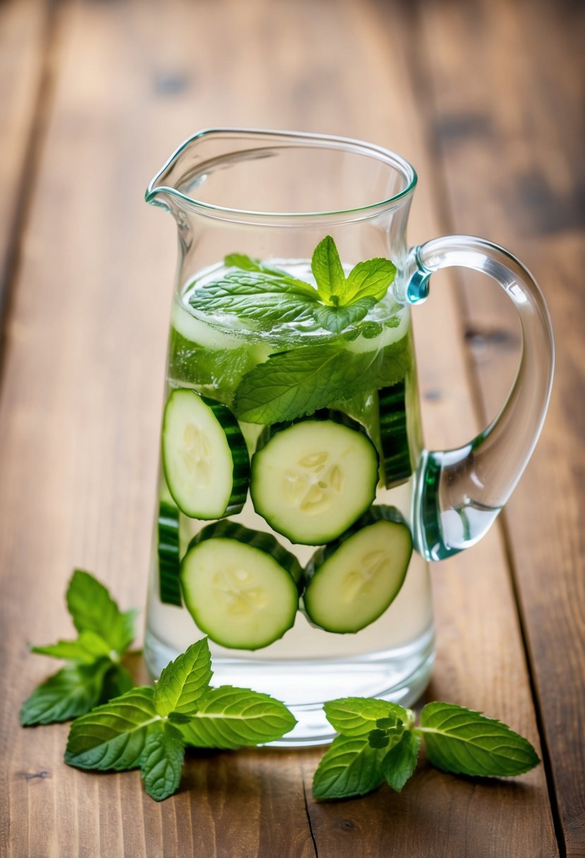 A glass pitcher filled with water, sliced cucumbers, and fresh mint leaves on a wooden table