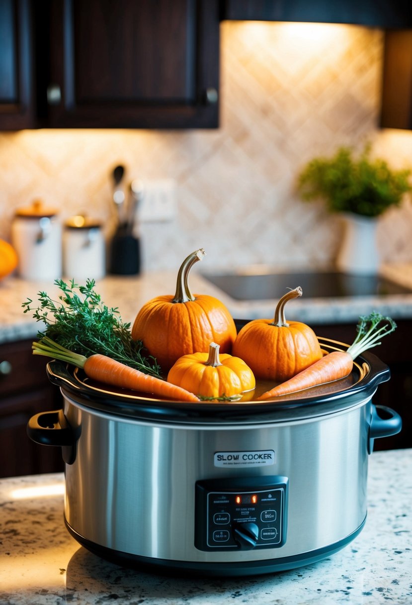 A slow cooker filled with pumpkin, carrots, and aromatic herbs simmering on a kitchen counter