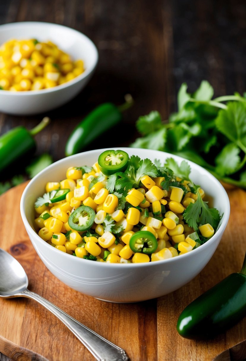 A vibrant bowl of cilantro jalapeño corn salad, with fresh ingredients and a spicy kick