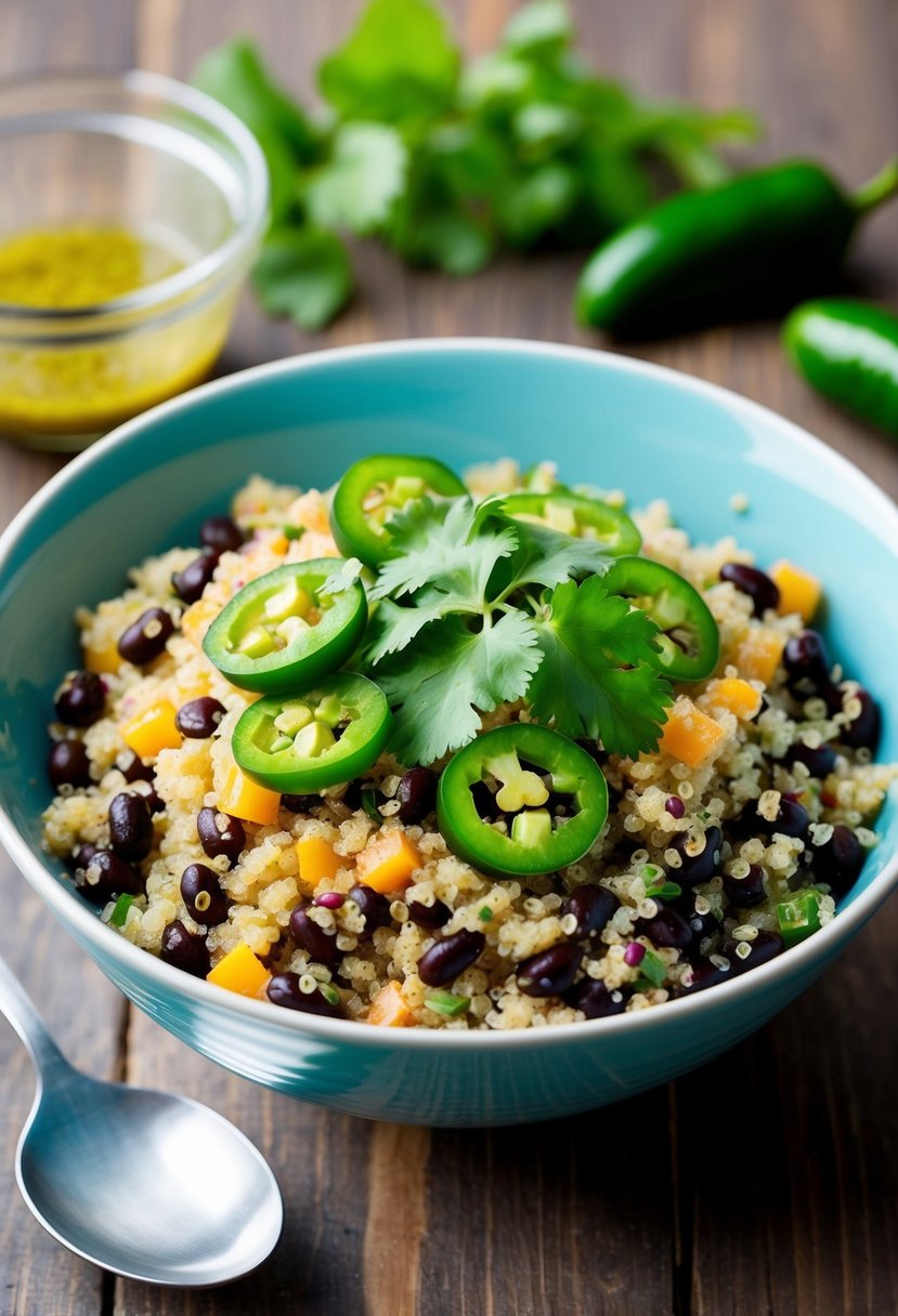 A colorful bowl of quinoa salad with black beans and jalapeños, topped with fresh cilantro and a zesty dressing