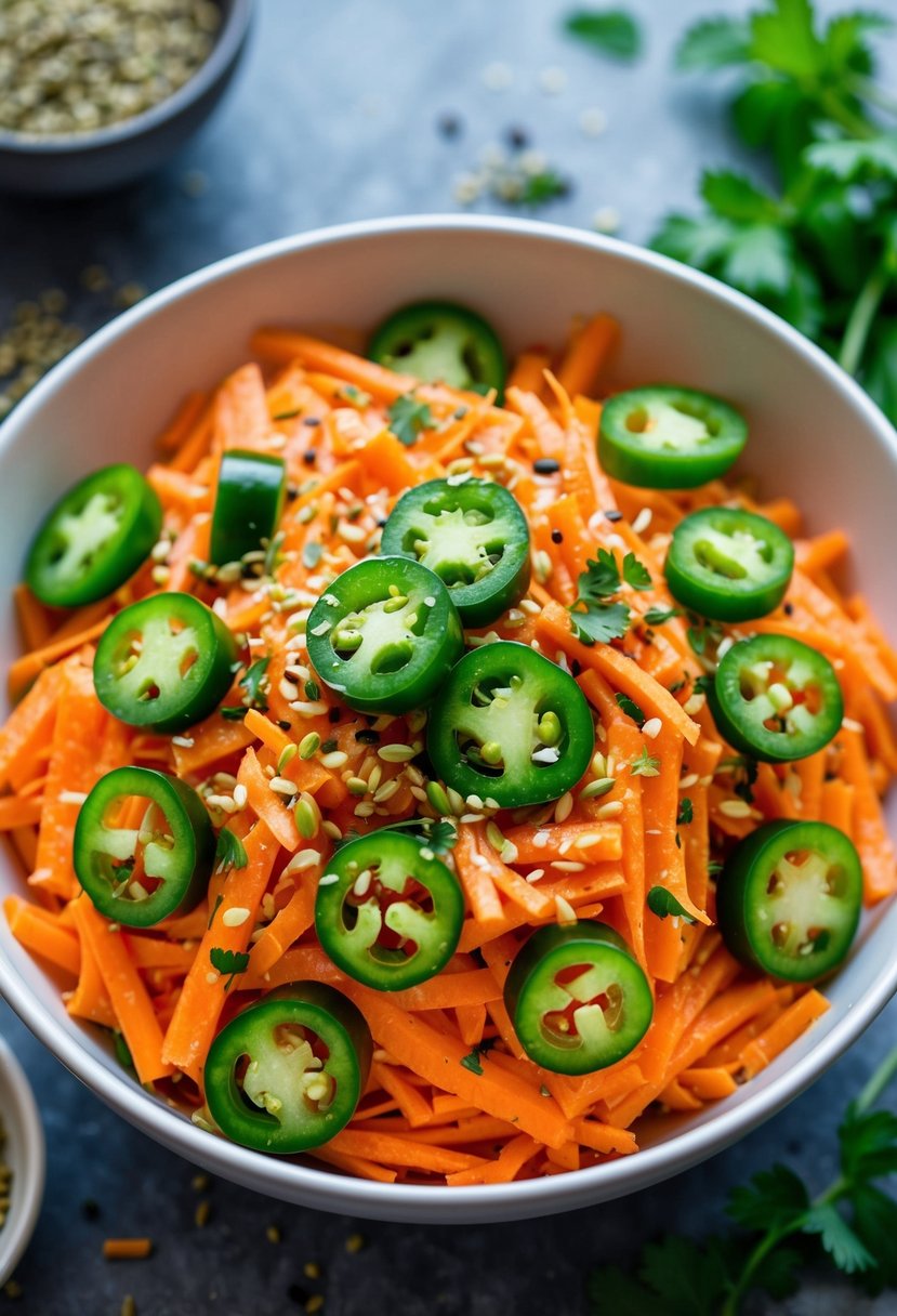 A vibrant bowl of shredded carrots and sliced jalapeños mixed together with a zesty dressing, sprinkled with fresh herbs and seeds