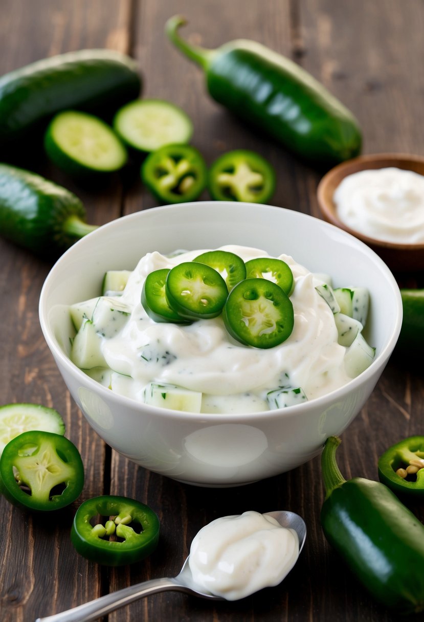 A bowl of cucumber jalapeño yogurt salad sits on a wooden table, surrounded by fresh ingredients like cucumbers, jalapeños, and a dollop of yogurt